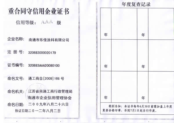 重合同守信用企業(yè)證書(shū)